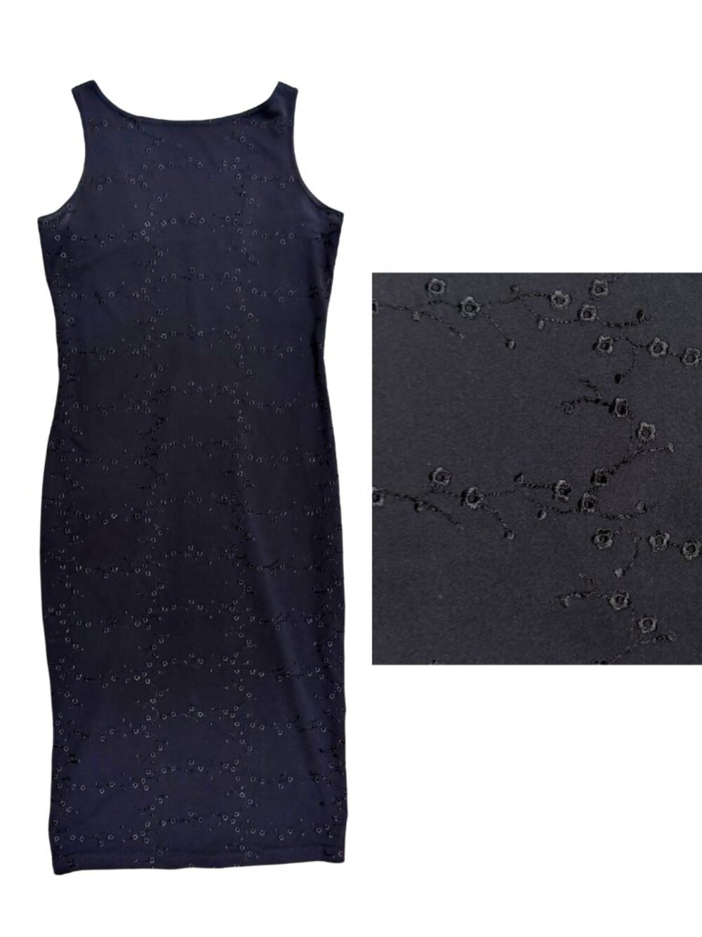 Vintage 90s Hourglass Black Shift Slip Dress with Boatneck Embroidered Sz Large